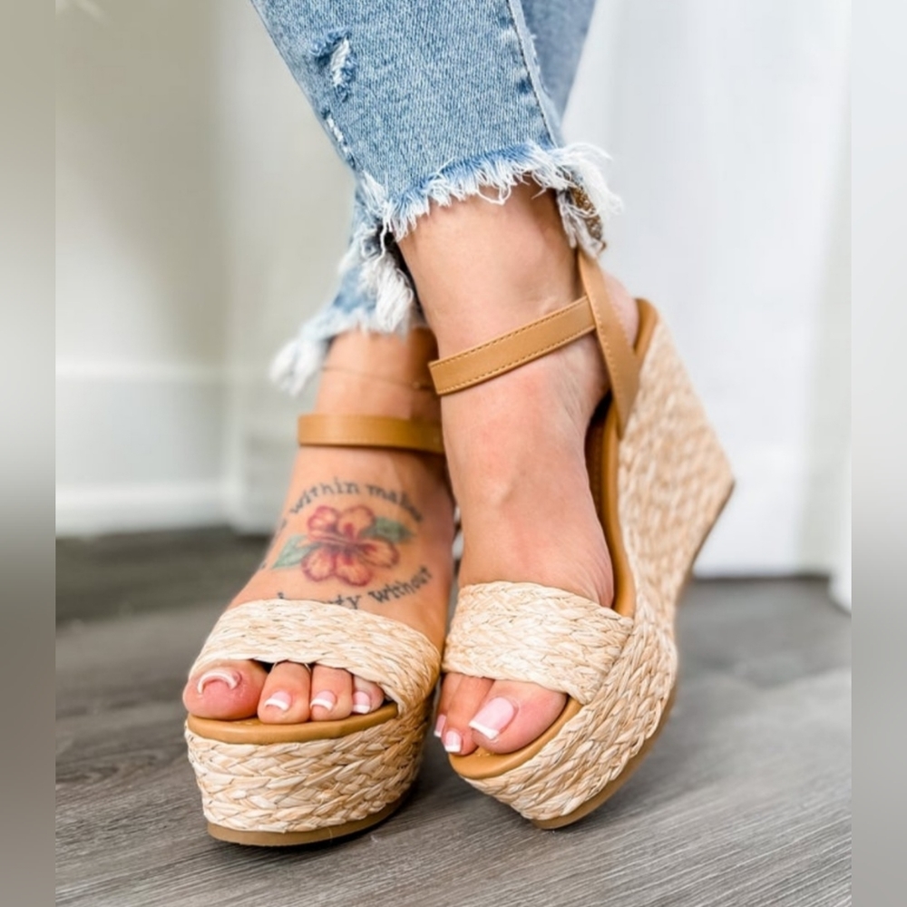 Raffia Ankle Strap Open Toe Wedge Heel Sandals